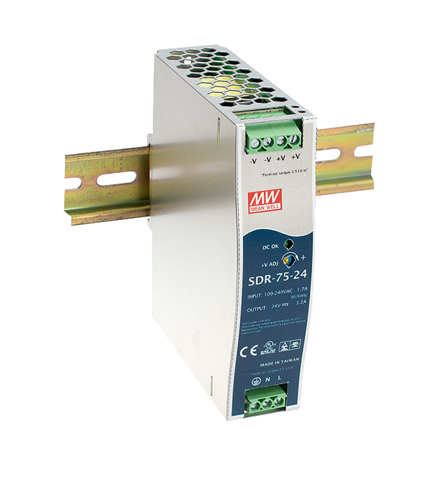 明纬电源SDR-75-24主动式PFC工业驱动电源SDR-75-12/SDR-75-48电源供应器75W单组输出导轨型电源