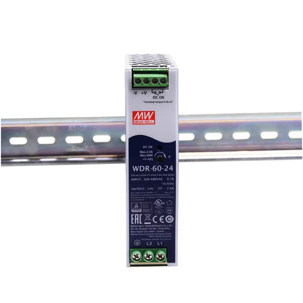 明纬WDR-60-24/WDR-60-5/WDR-60-12/WDR-60-48明伟60w轨道电源超宽输入工业导轨型监控通讯电源