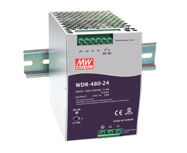 明纬电源WDR-480-24单组输出480W24V工业电源供应器带PFC功能WDR-480-48